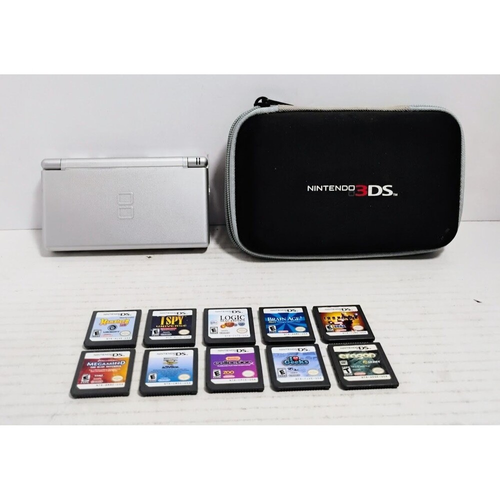 NINTENDO DS LITE SYSTEM GAME CASE LOT USG-001 SILVER 10 GAMES TESTED WORKING